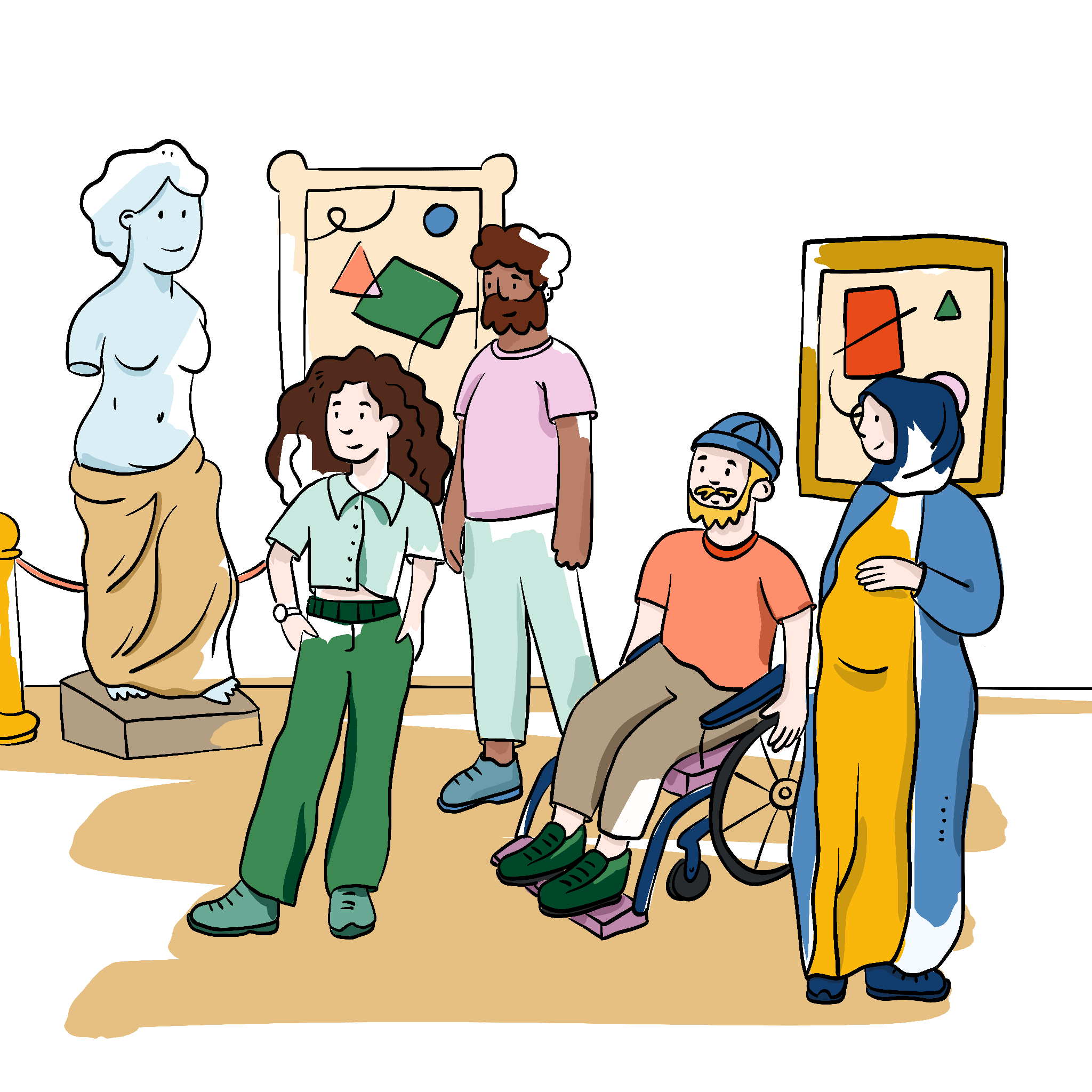 Eine Gruppe mit verschiedenen Menschen (z.B. eine Frau mit Kopftuch und einem Mann im Rollstuhl) stehen zusammen in einer Museumsausstellung.