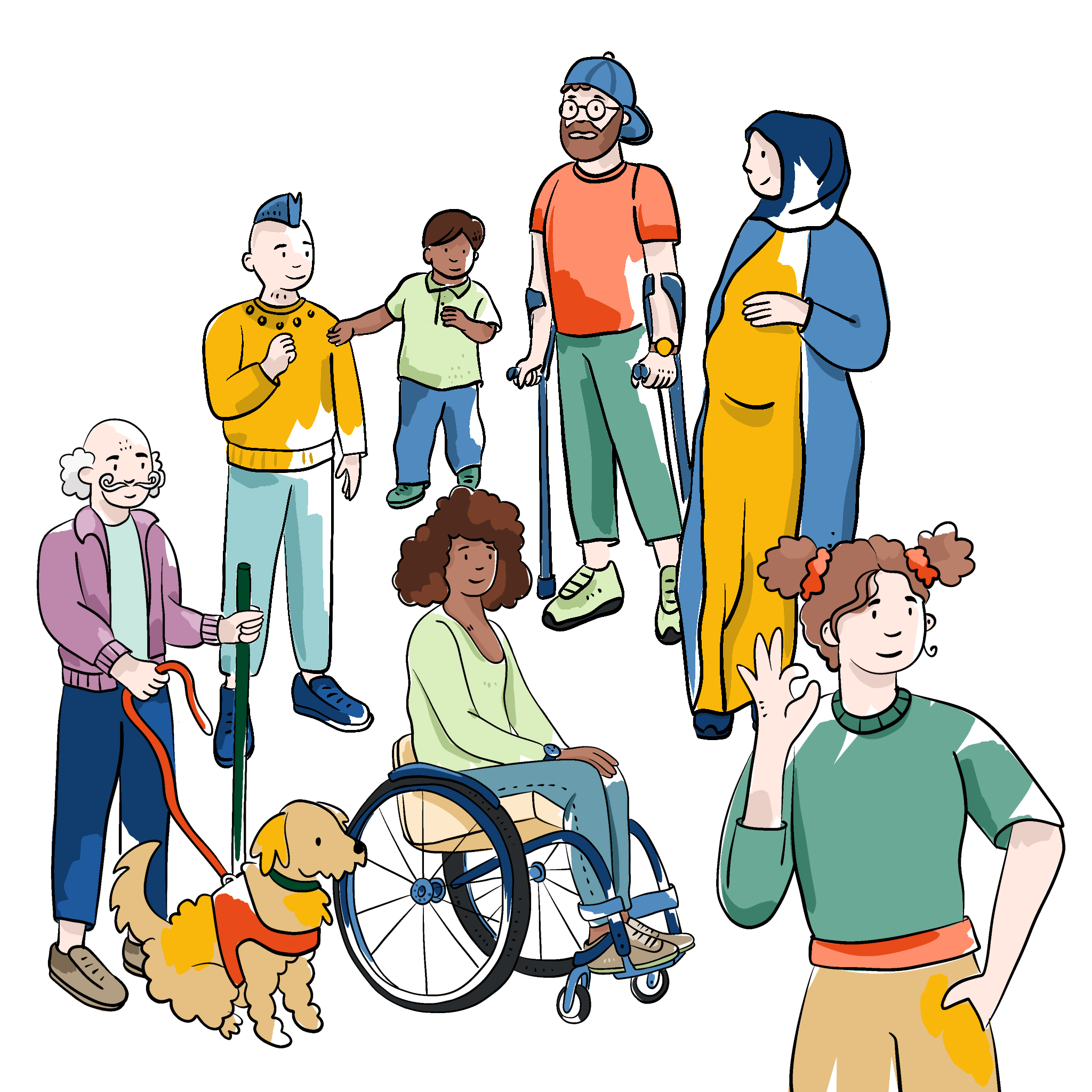 Eine Gruppe mit diversen Menschen mit und ohne Behinderung und verschiedenen Altersgruppen.
