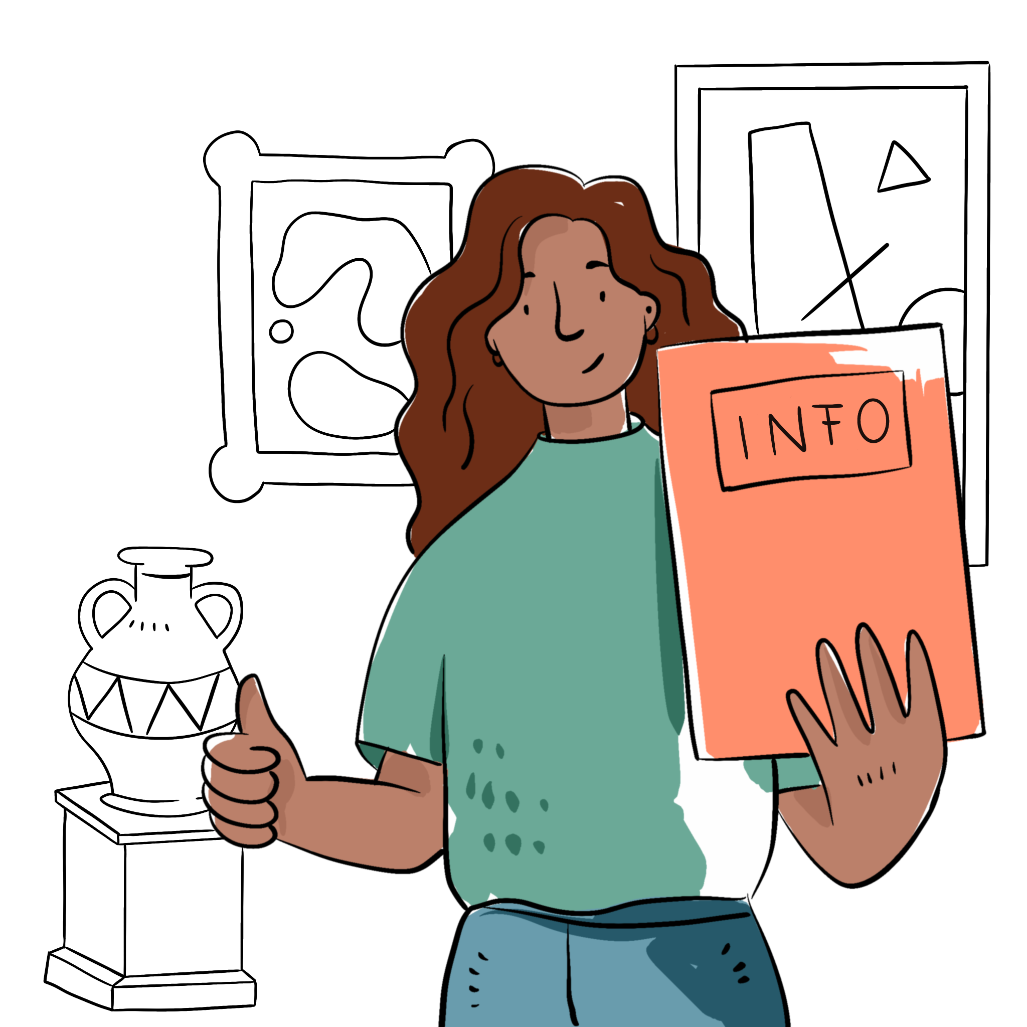 Eine Frau zeigt mit der einen Hand den Daumen hoch und hält in der anderen Hand ein Heft mit der Aufschrift "Info". Im Hintergrund eine Museumsausstellung.