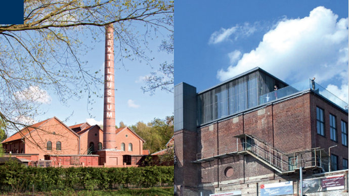 Zwei Bilder als Collage zusammengesetzt: links das Gebäude der Weberei mit hohem Schornstein, rechts das Gebäude der Spinnerei.