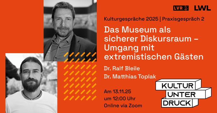 Veranstaltungsankündigung in roter Farbe mit Keyvisual "Kultur unter Druck" und Portraitfotos der Vortragenden Dr. Ralf Bleile und Dr. Matthias Toplak