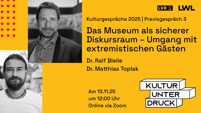 Veranstaltungsvisual mit Key Visual "Kultur unter Druck" und schwarz weiß Fotos der Vortragenden