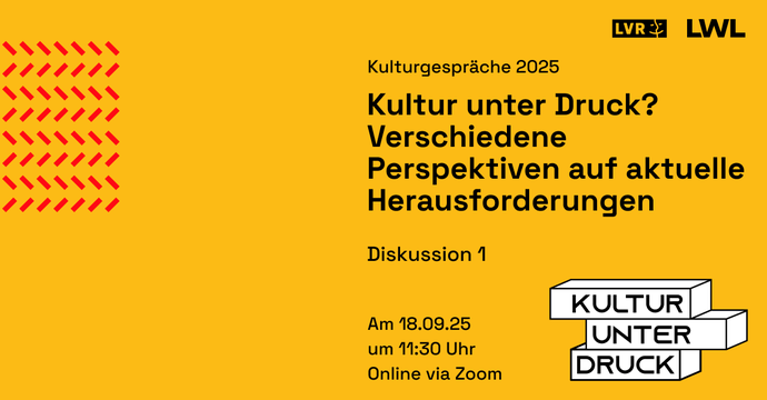Veranstaltungsankündigung der ersten Diskussionsrunde zur Frage "Kultur unter Druck?" mit gelbem Hintergrund und Veranstaltungsvisual.