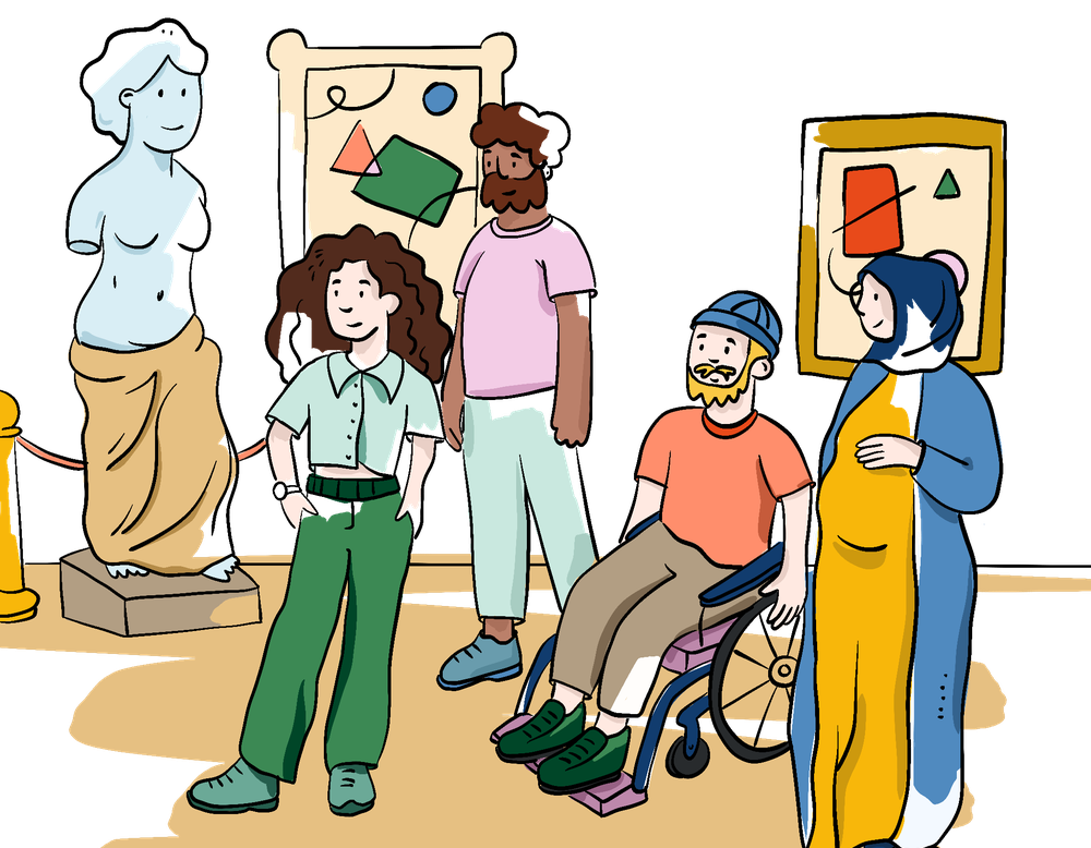 Eine Gruppe mit verschiedenen Menschen (z.B. eine Frau mit Kopftuch und einem Mann im Rollstuhl) stehen zusammen in einer Museumsausstellung.