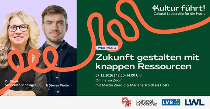 Porträtfotos von Dr. Birgit Schneider-Bönninger und Steven Walter neben Text zu einem Webtalk über Zukunftsgestaltung mit knappen Ressourcen am 7. Dezember 2026