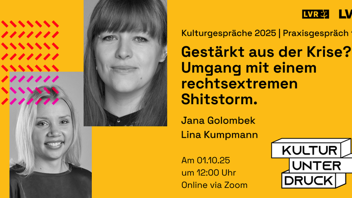 Veranstaltungsvisual mit Key Visual "Kultur unter Druck" und schwarz weiß Fotos der Vortragenden