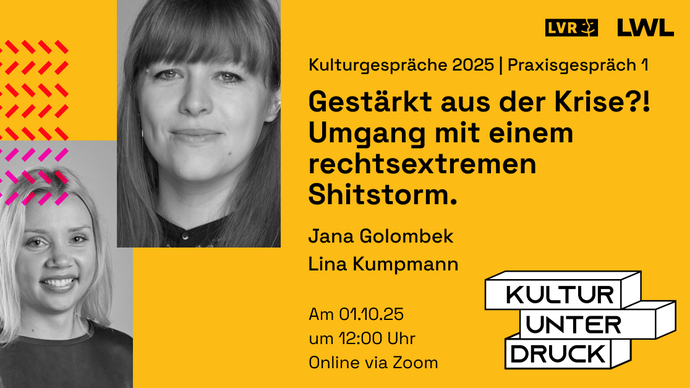 Veranstaltungsvisual mit Key Visual "Kultur unter Druck" und schwarz weiß Fotos der Vortragenden