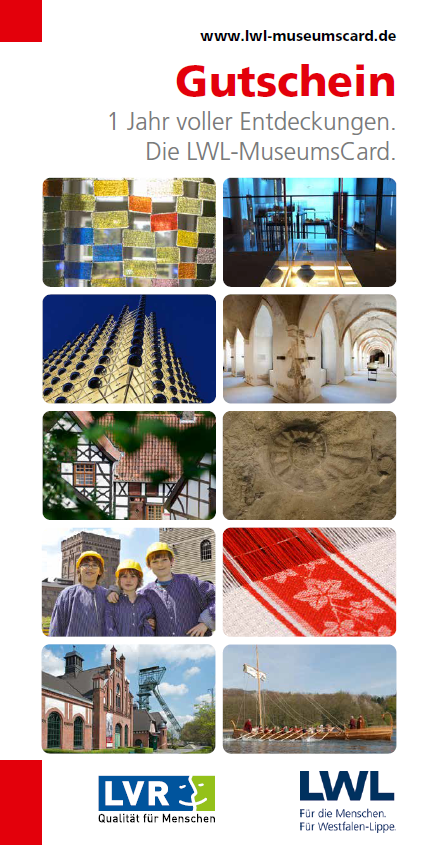 Gutschein für die LWL-MuseumsCard, darauf Fotos aus den LWL-Museen in Kästen mit abgerundeten Ecken