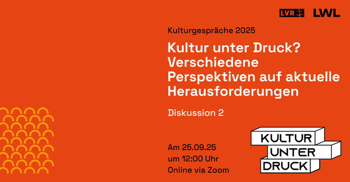Veranstaltungsankündigung der zweiten Diskussionsrunde zur Frage "Kultur unter Druck?" mit rotem Hintergrund und Veranstaltungsvisual.