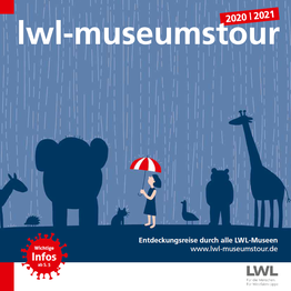 Titelbild der LWL-Museumstour 2020/2021: Grafik mit Tiersilhouetten und einer Frau mit Regenschirm