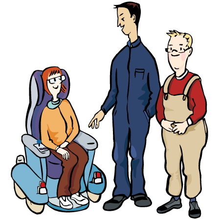 Illustration von drei Personen, die sich miteinander unterhalten. Eine Person sitzt im Rollstuhl.