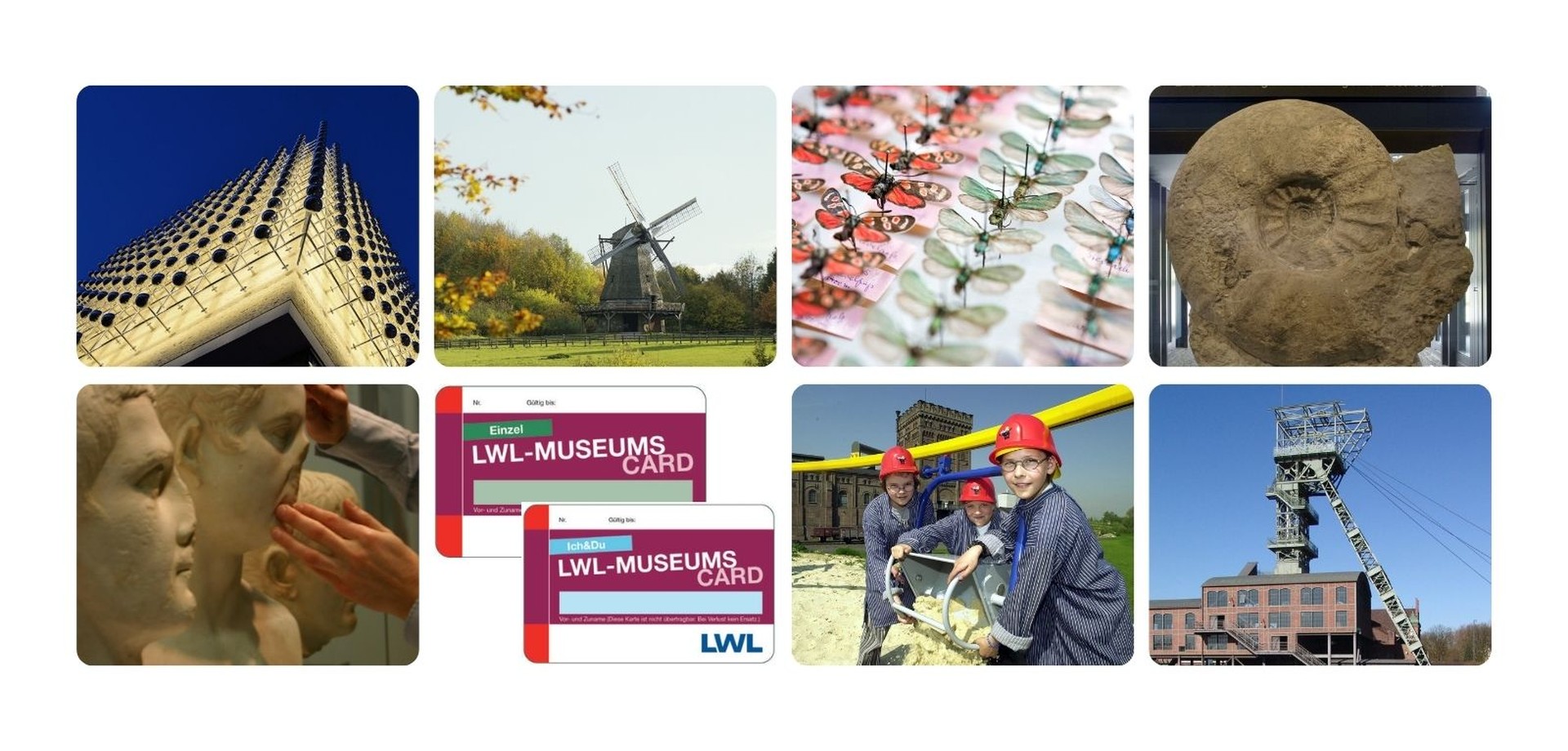 Schwerpunktthemen der LWL-MuseumsCard in kleinen Kacheln abgebildet.