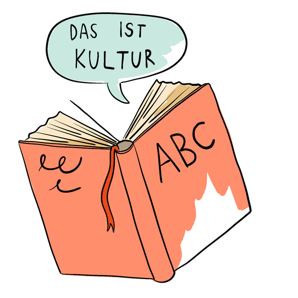 Ein offenes Buch mit einer Sprechblase, in der steht "Das ist Kultur".