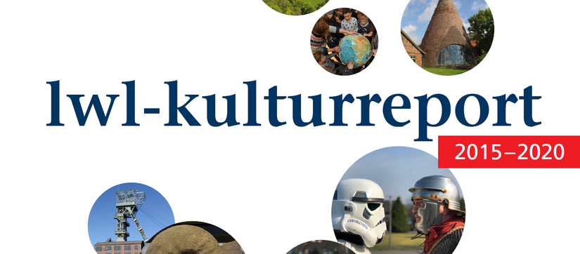 Kreisförmige Bilder auf einem weißen Hintergrund, in der Mitte der Schriftzug "LWL-Kulturreport 2015 - 2020"