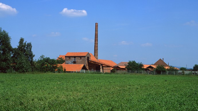 Eine grüne Wiese und im Hintergrund die Ziegelei Lage mit roten Dächern und einem hohen Schornstein.