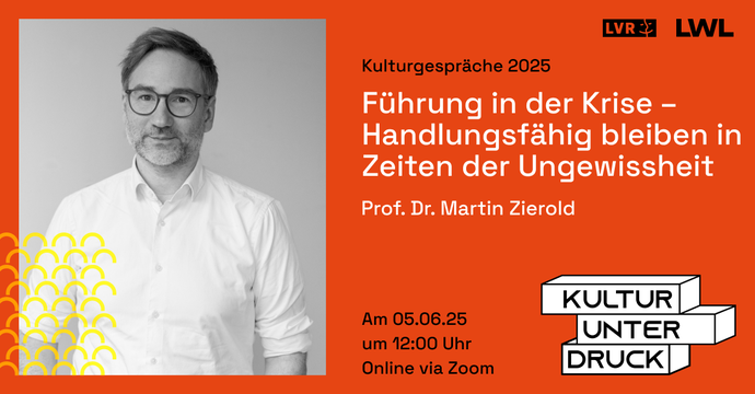 Veranstaltungsankündigung in roter Farbe mit Keyvisual "Kultur unter Druck" und Portrait des Vortragenden Prof. Dr. Martin Zierold