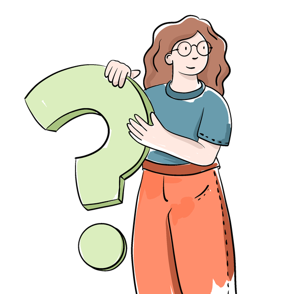 Eine Frau hält ein großes Fragezeichen in den Händen.