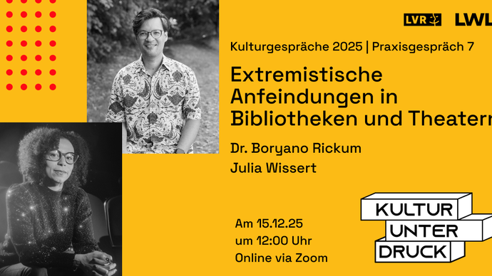 Veranstaltungsslider mit Key Visual "Kultur unter Druck" und schwarz weiß Fotos der Referent:innen.