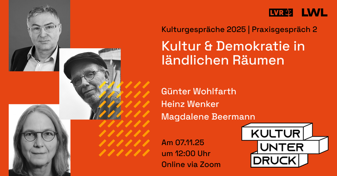 Veranstaltungsankündigung in roter Farbe mit Keyvisual "Kultur unter Druck" und Portraitfotos der Vortragenden.