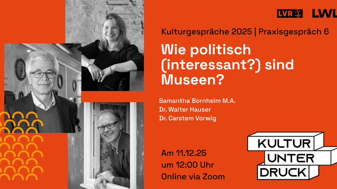 Veranstaltungsslider mit Key Visual "Kultur unter Druck" und schwarz weiß Fotos der Referent:innen.