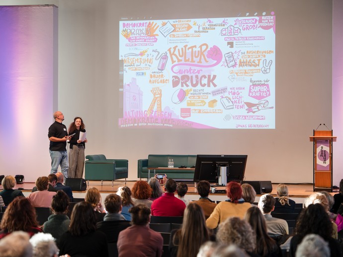 Graphic Recording wird auf der Leinwand gezeigt. (vergrößerte Bildansicht wird geöffnet)