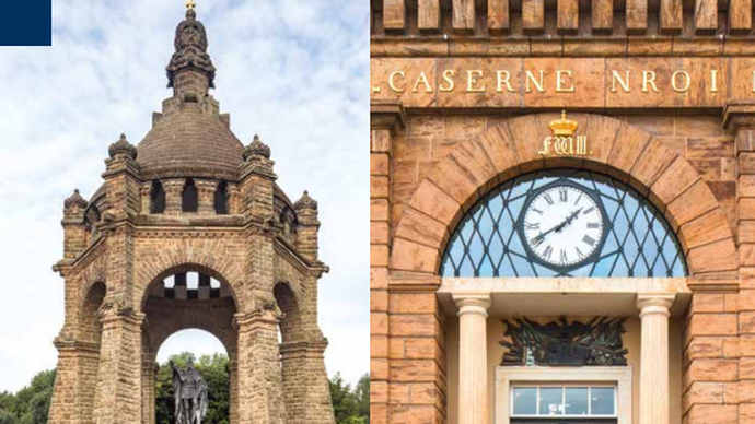 Zwei Bilder in einer Collage: links das Kaiser-Wilhelm-Denkmal, rechts der Eingang vom Preußenmuseum.