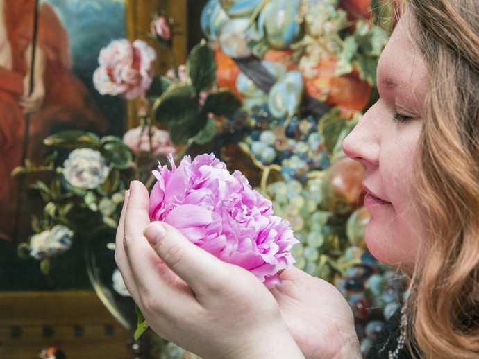 Eine Frau riecht an einer Blume. Eine Frau riecht an einer Blume.