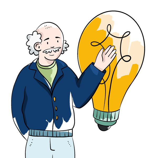 Ein älterer Mann zeigt auf eine große leuchtende Glühbirne.