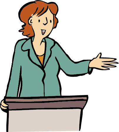 Illustration einer Frau, die am Rednerpult steht und einen Vortrag hält.
