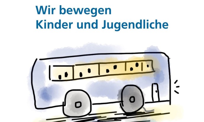 Kinderzeichnung, die einen Bus abbildet. Darüber der Schriftzug "Wir bewegen Kinder und Jugendliche". Copyright: La Petite Femme / Pixabay.