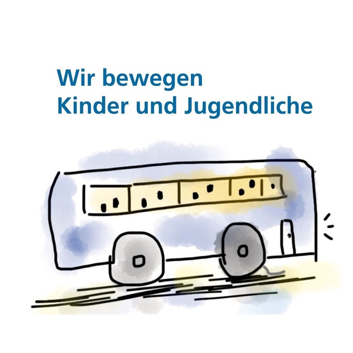 Kinderzeichnung, die einen Bus abbildet. Darüber der Schriftzug "Wir bewegen Kinder und Jugendliche". Copyright: La Petite Femme / Pixabay.