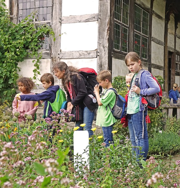 Eine Gruppe von Kindern steht vor einem Fachwerkhaus und betrachtet Pflanzen im Garten.