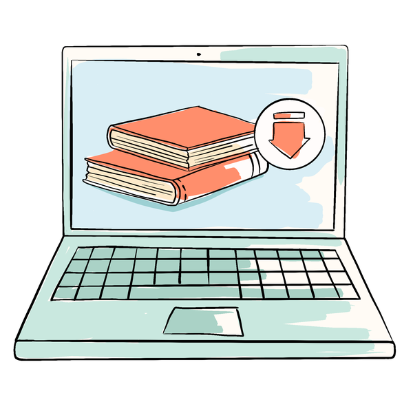 Ein Laptop mit Büchern und einem Downloadpfeilsymbol auf dem Bildschirm.