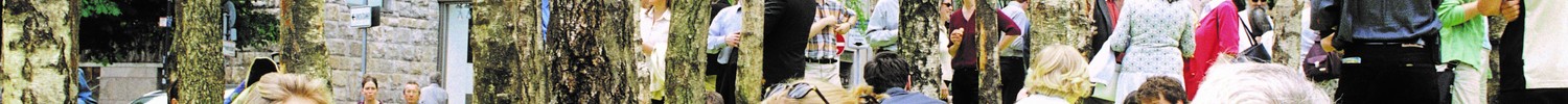 Menschen sitzen auf einer Picknickdecke vor Baumstämmen und unterhalten sich. Die Umgebung sieht städtisch aus.