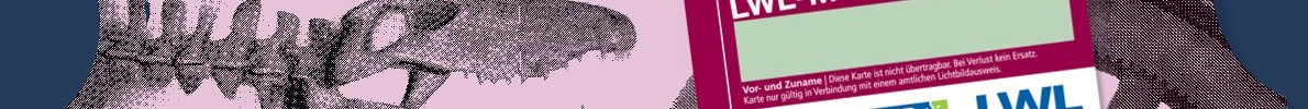 MuseumsCard auf rosa Hintergrund mit Illustrationen von Dinoschädel und Teil einer Dampfmaschine im Hintergrund.