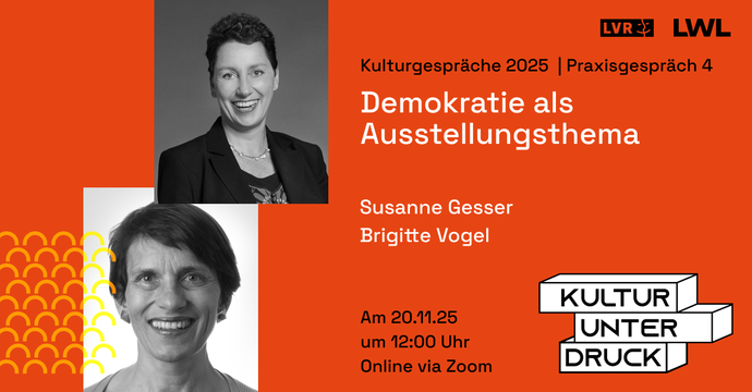 Veranstaltungsankündigung in roter Farbe mit Keyvisual "Kultur unter Druck" und Portraitfotos der Vortragenden Susanne Gesser und Brigitte Vogel.